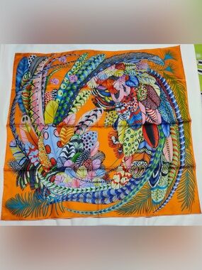 Vibrant Feather-Print Orange Silk Scarf 100%silk. 90 x90cm
